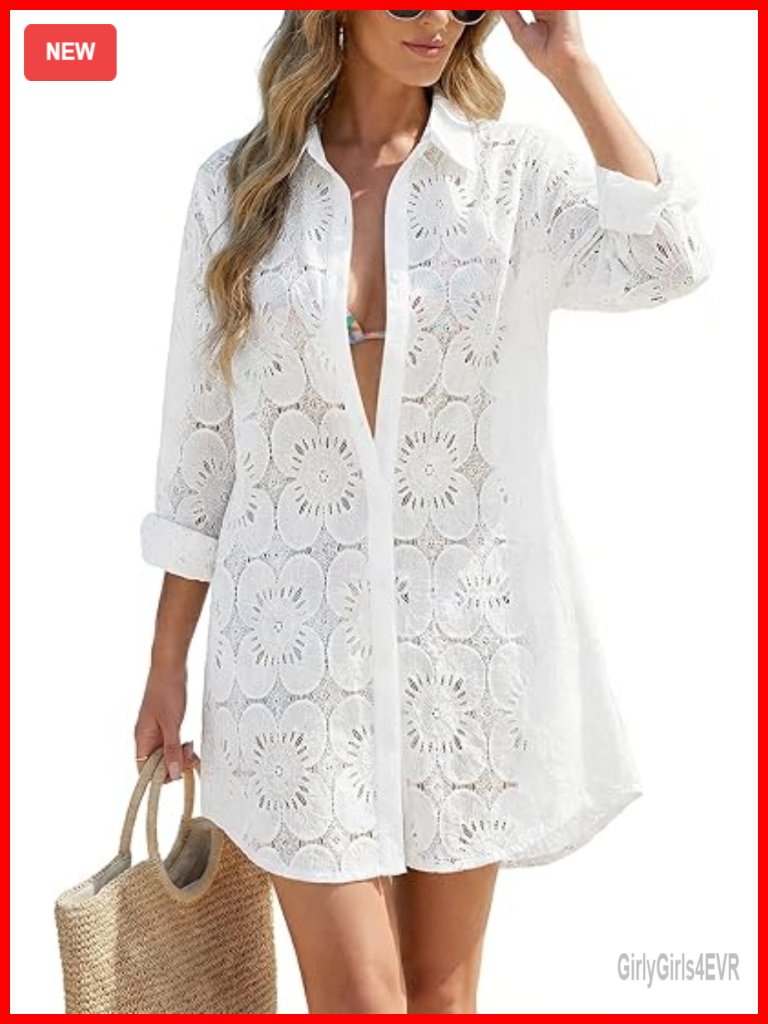 Women's Eyelet Lace Button Down Swimsuit Cover Up Dress